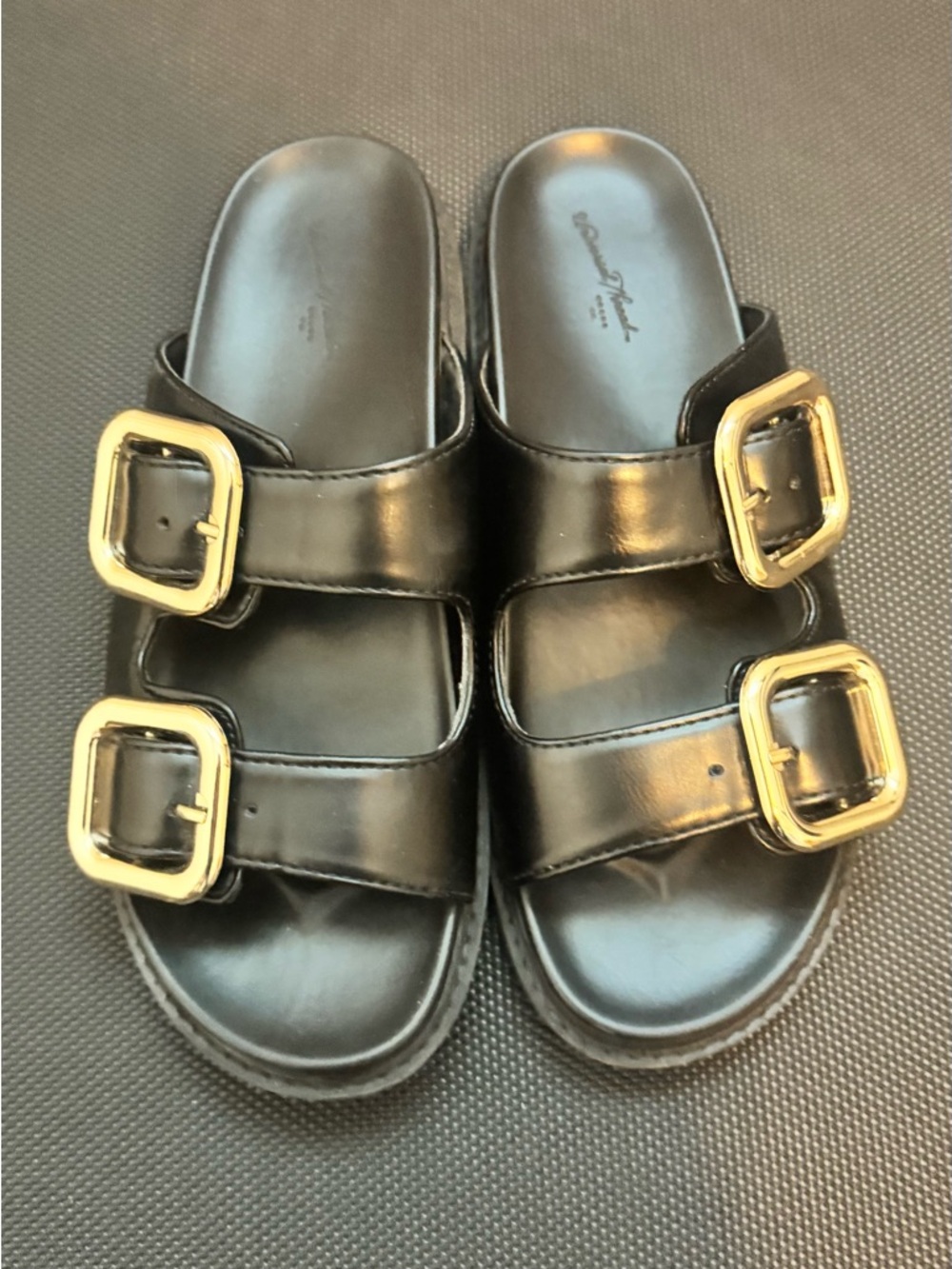 Universal Thread Black Slide Sandals with Gold Buckles